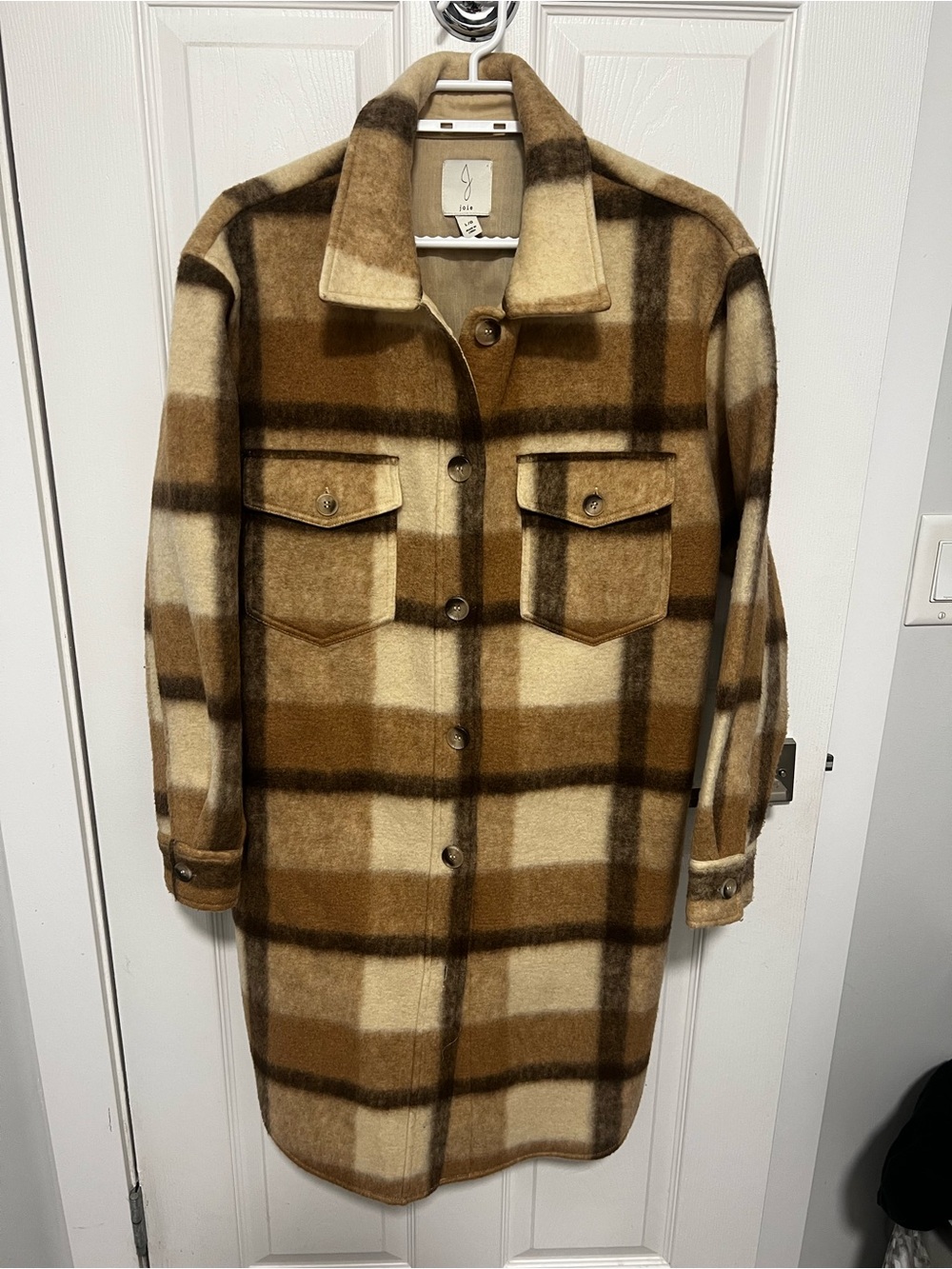 Joie Brown and Cream Plaid Wool-Blend Trench Coat
